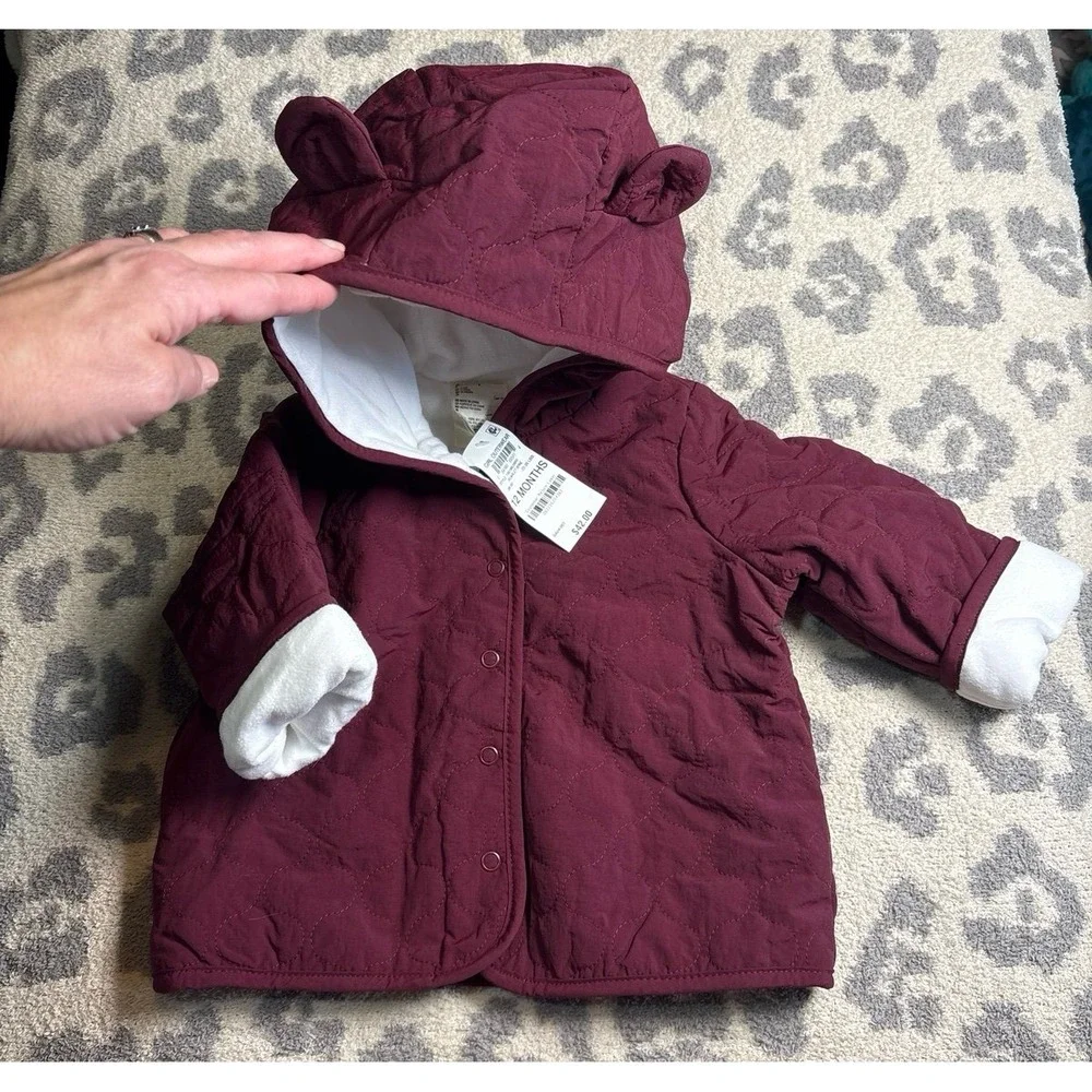 Infant girls 12 months First Impressions burgundy coat with bear ears hood fleec